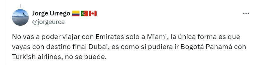 Jorge Urrego, usuario, recordó que Emirates no viajará de manera directa a Miami - crédito