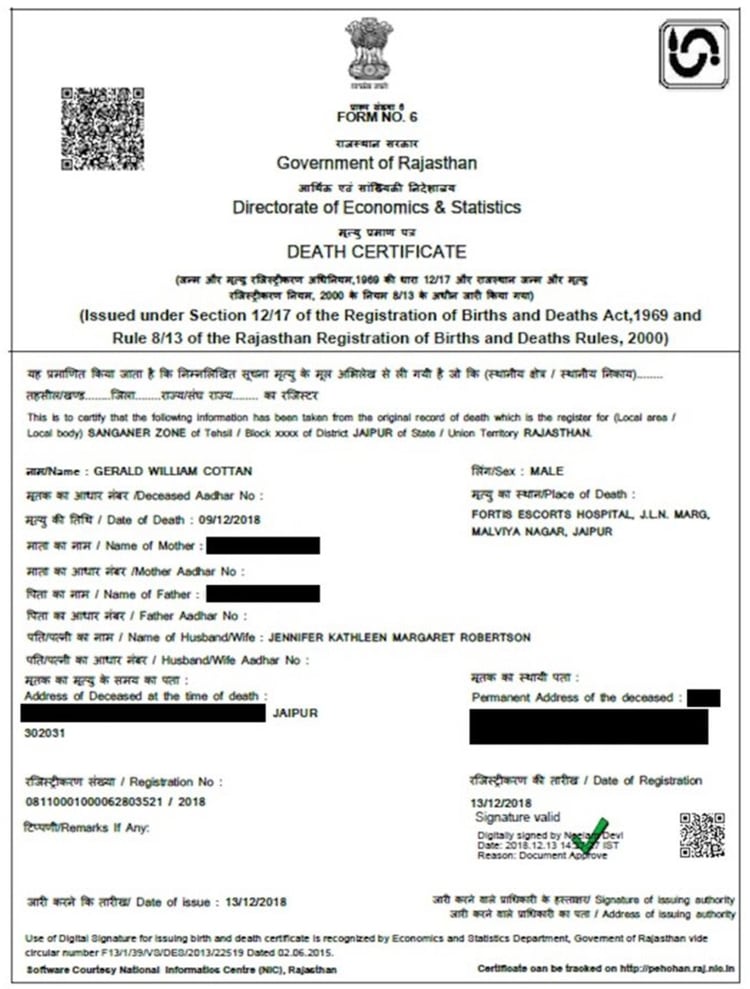 El certificado de fallecimiento de Gerald Cotten, emitido por el gobierno de la India (CoinDesk)