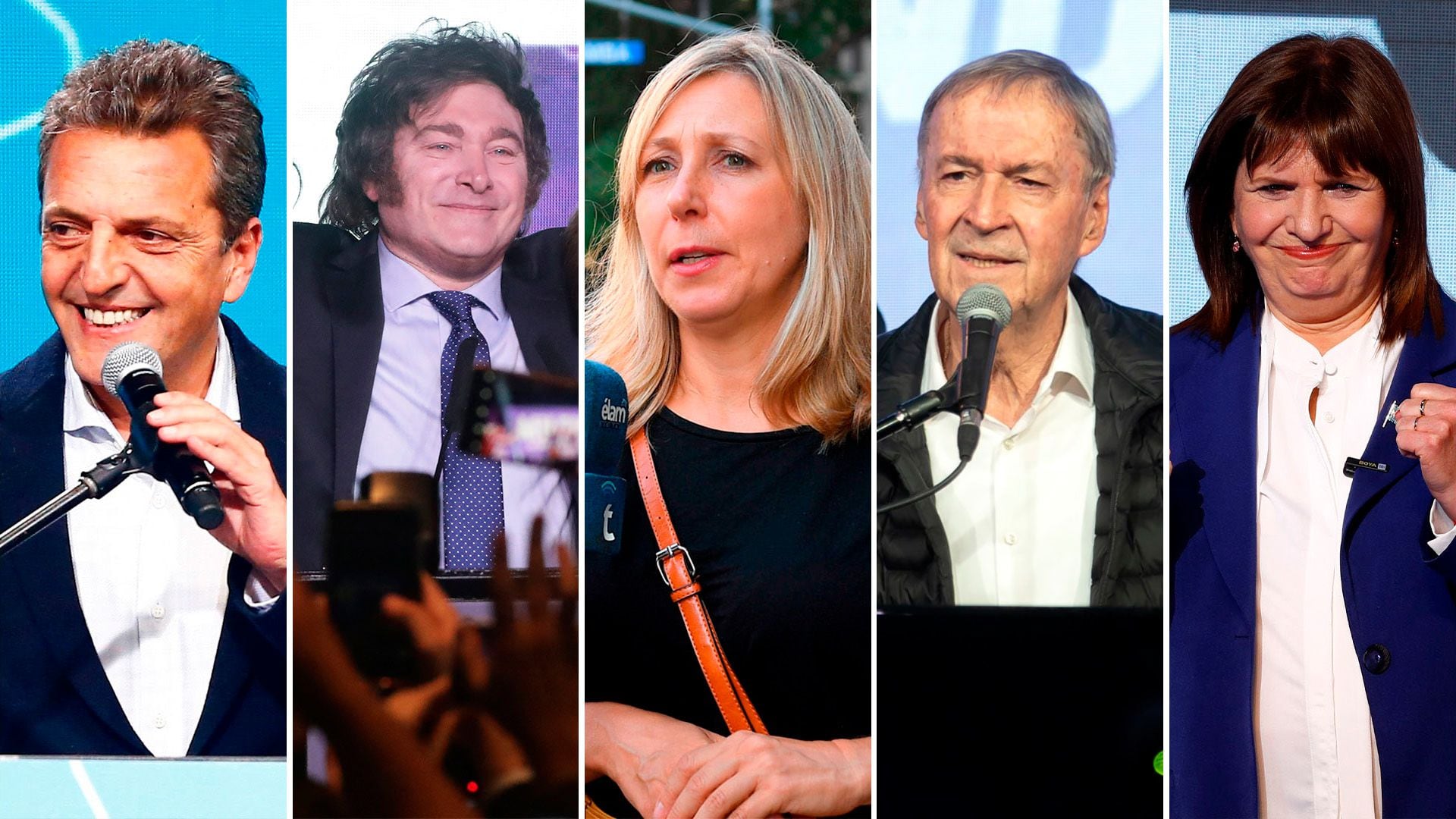 Sergio Massa, Javier Milei, Myriam Bregman, Juan Schiaretti y Patricia Bullrich, candidatos a presidente en las elecciones 2023