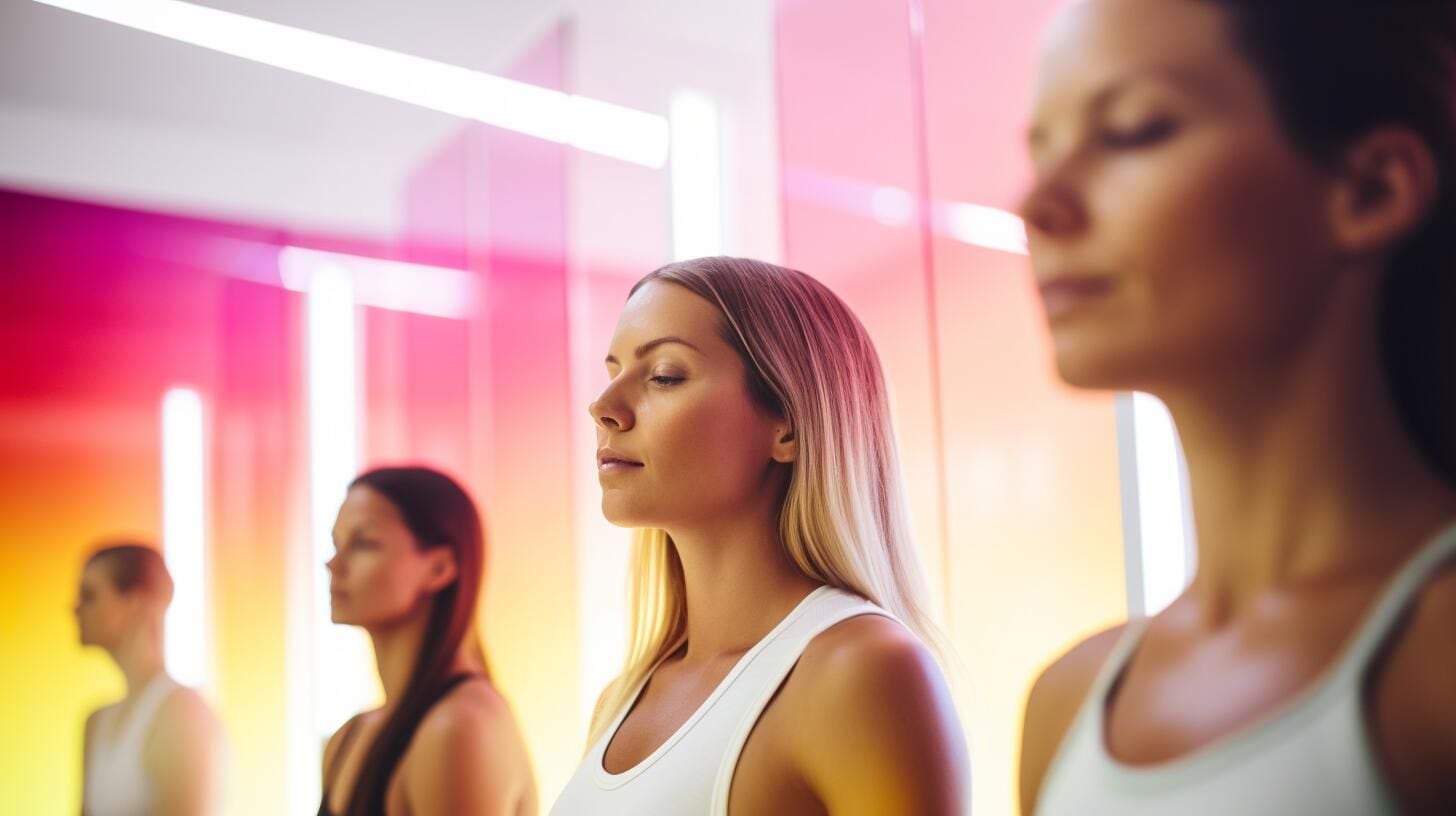 Imagen representativa de mujeres participando en una sesión de yoga en un entorno inspirador y colorido. La práctica incluye meditación, relajación y ejercicios diseñados para mejorar la salud y promover la longevidad. (Imagen ilustrativa Infobae)