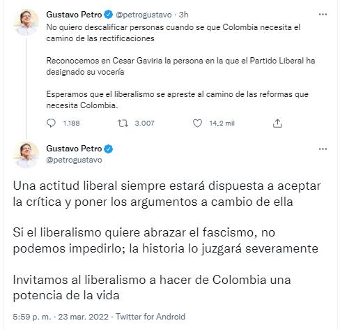 No primeiro trino de Gustavo Petro, ele reconheceu a importância de César Gaviria dentro do Partido Liberal, mas questionou suas possíveis abordagens para Federico Gutiérrez
FOTO: Via Twitter (@petrogustavo)