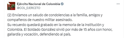El Ejército Nacional envió sus condolencias a la familia del soldado Zambrano - crédito @COL_EJERCITO/X