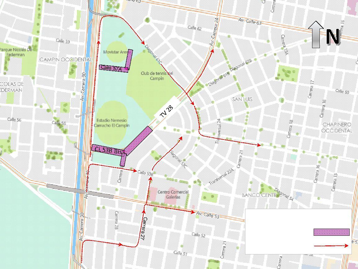 Imagen del mapa de los desvíos en sentido sur-norte por concierto de The Weeknd en Bogotá este 4 de octubre del 2023 - crédito Secretaría de Movilidad