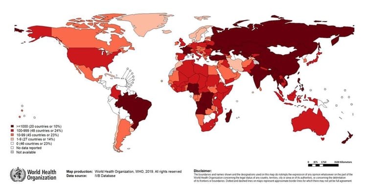 Distribución de casos de sarampión en el mundo - Fuente: Ministerio de Salud de la Nación - Organización Mundial de la Salud (OMS)