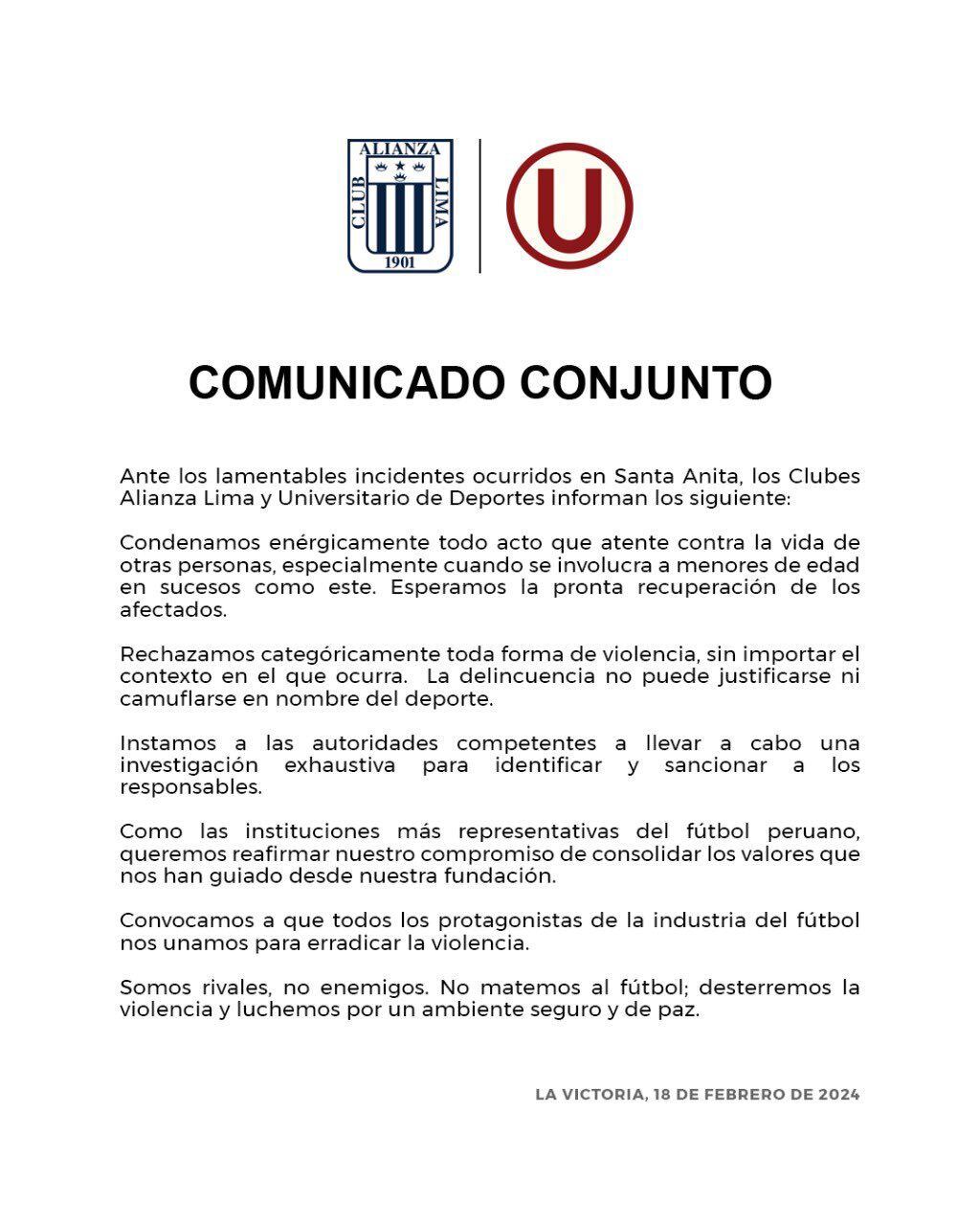 Comunicado conjunto entre Universitario y Alianza Lima después de la balacera en Santa Anita.