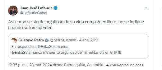 Juan José Lafaurie revive declaraciones de Petro expresando orgullo por su tiempo en el M-19 - crédito @LafaurieCabal/X
