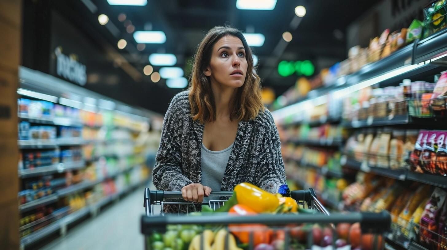Cliente femenina impactada mientras revisa el coste de los productos nutricionales en una tienda, evidenciando la tensión económica y el efecto de la inflación en el poder adquisitivo. (Imagen ilustrativa Infobae)