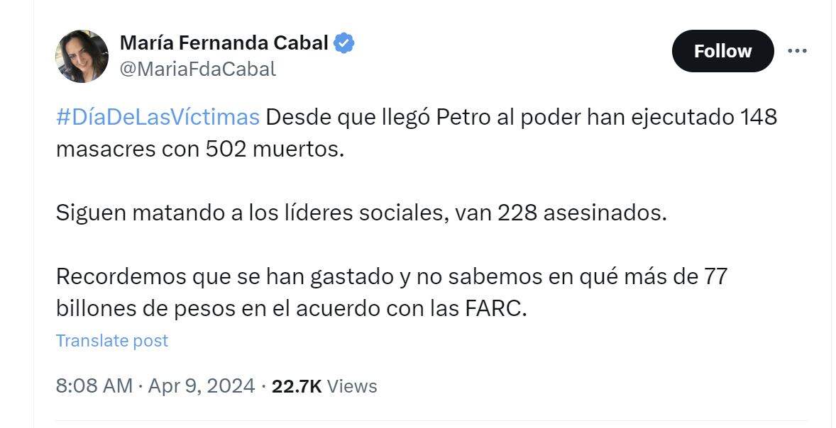 La senadora María Fernanda Cabal arremetió contra Gustavo Petro por el número de masacres registradas durante su mandato - crédito @MariaFdaCabal/X
