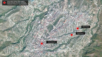 Las áreas donde HRW encontró restos de municiones de racimo en Stepanakert, Nagorno Karabaj
