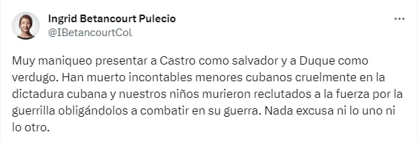 Ingrid Betancourt criticized Petro for his attack on Duque in order to defend the Cuban dictatorship - screenshot credit.