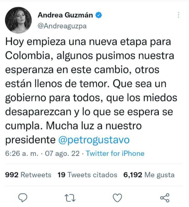 Andrea Guzmán reacciona a la posesión presidencial de Gustavo Petro. Foto: Twitter