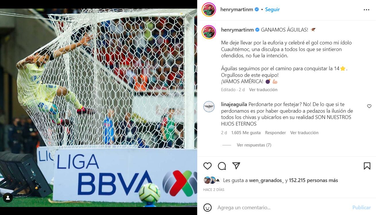 Henry Martín se disculpó por su festejo en el Clásico Nacional (Instagram/henrymartinm)
