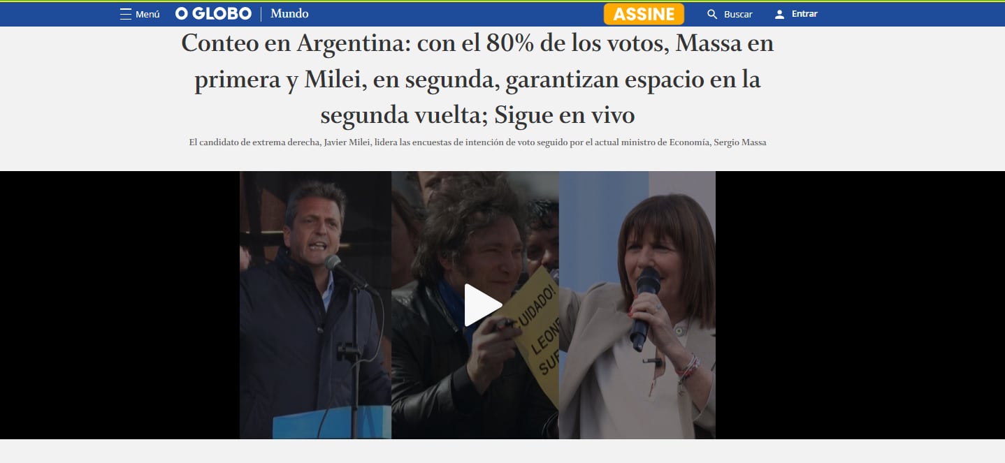 O Globo incluyó contenido destacado en su portada digital sobre las elecciones argentinas.