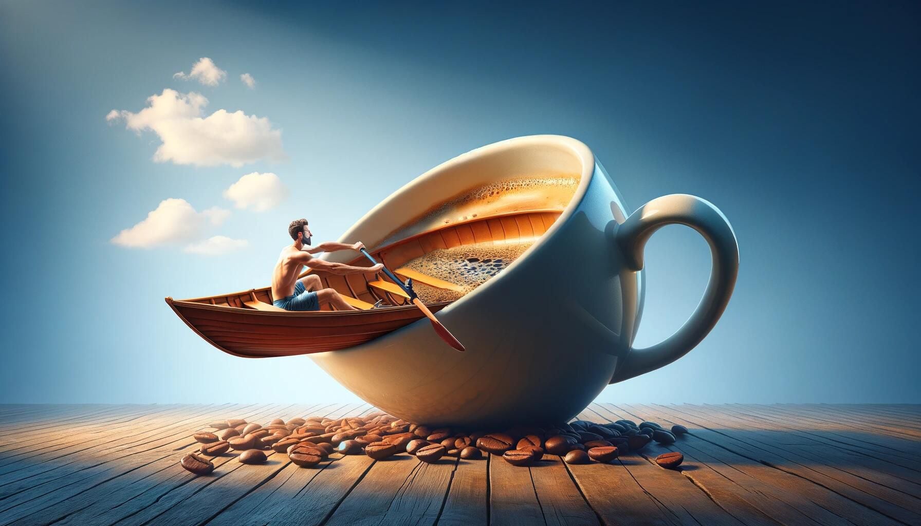 Ilustración surrealista de un hombre remando en el interior de una taza de café. Representación gráfica del consumo excesivo de cafeína para abordar las tareas diarias, resaltando los impactos en el sueño, la falta de descanso y el agotamiento. (Imagen ilustrativa Infobae)