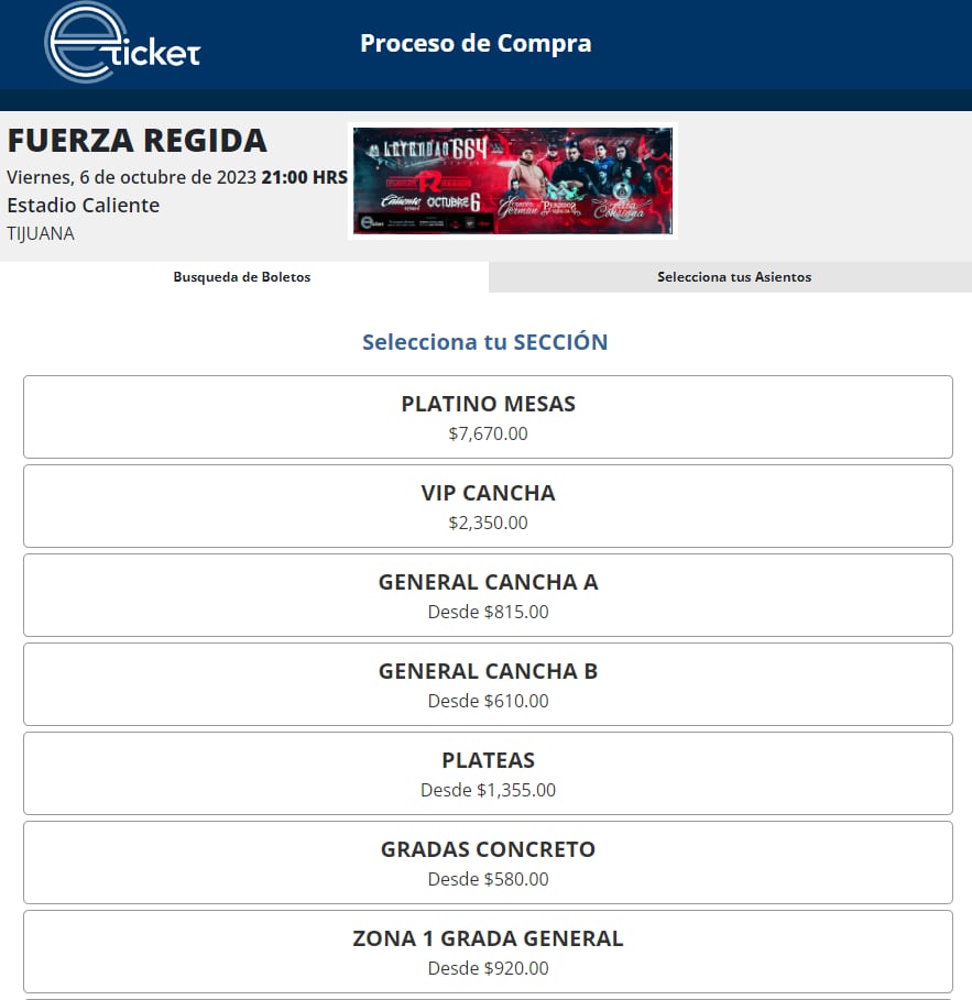 Aún es posible acceder al proceso de compra para ver a Fuerza Regida en Tijuana, pero el evento ya fue cancelado (Captura de pantalla eticket)