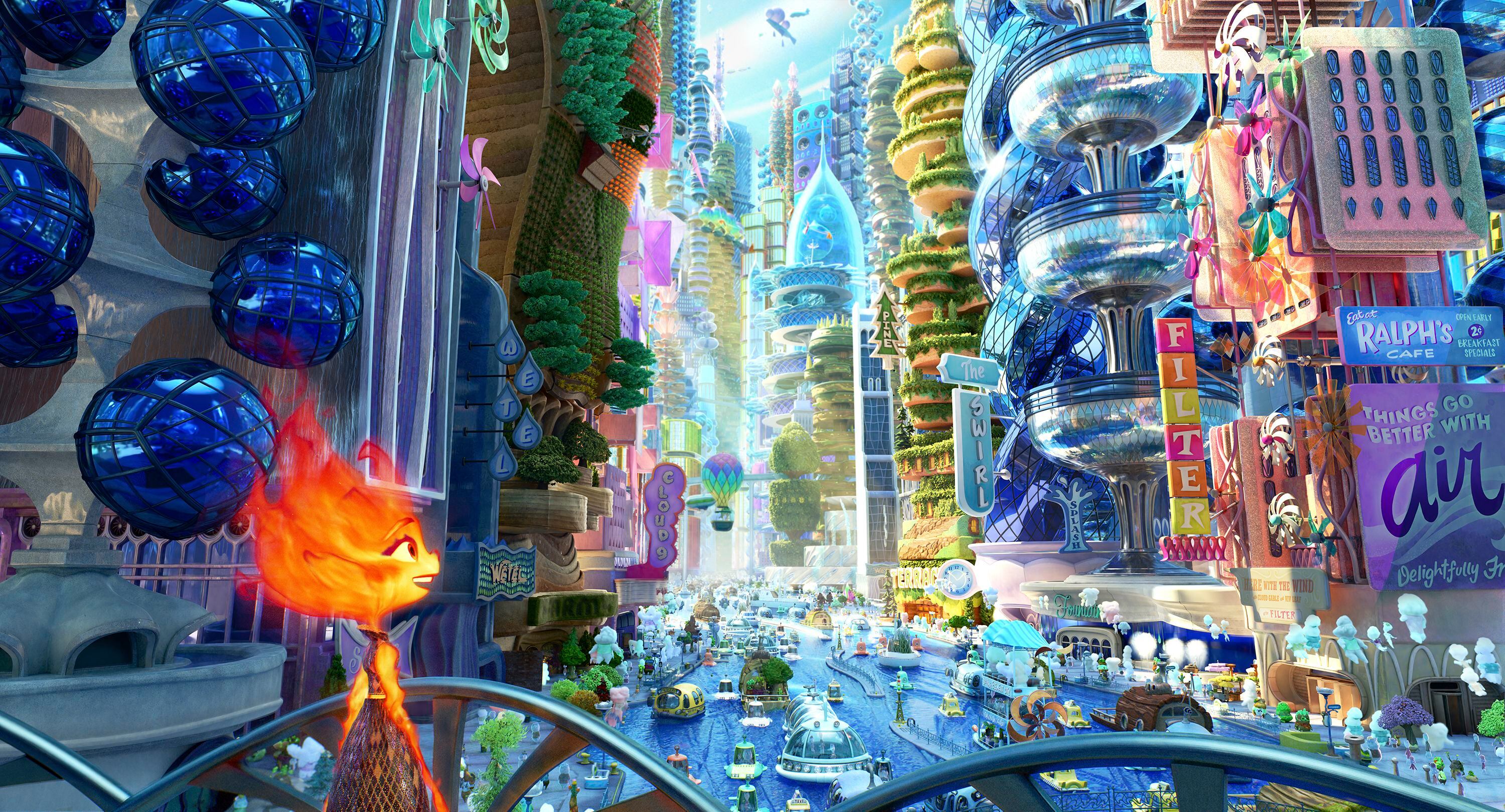 En esta imagen proporcionada por Disney/Pixar Studios, Ember, con la voz de Leah Lewis, en una escena de la película animada "Elemental". (Disney/Pixar vía AP)
