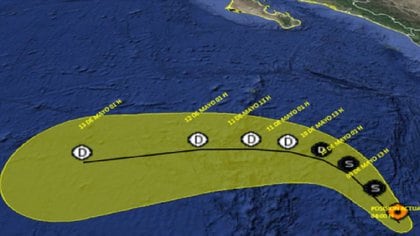 Trayectoria de la Depresión Tropical UNO-E entre el 9 y el 15 de mayo. La letra "S" hace referencia a "tormenta tropical", mientras que la "D" marca los puntos de tiempo en los que será una "depresión tropical" (Foto: SMN/Conagua Clima)