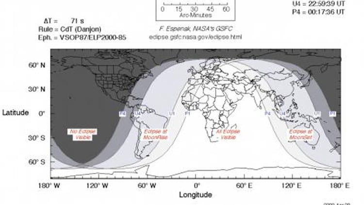 Mapa mundial de dónde se observará el eclipse lunar parcial (NASA)