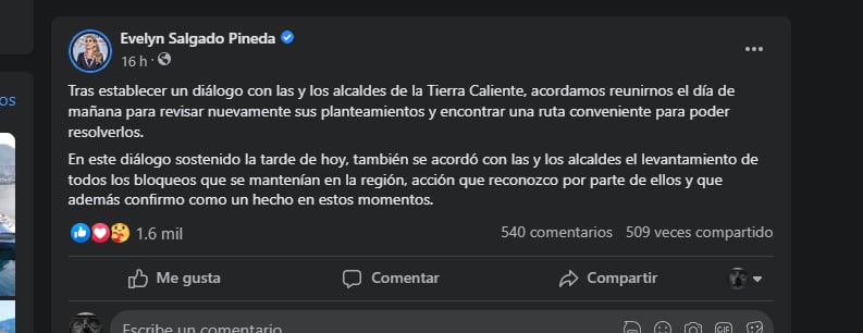 La gobernadora de Guerrero estableció un diálogo con los alcaldes de Tierra Caliente para levantar los bloqueos (Foto: Facebook /EvelynSalgadoP)