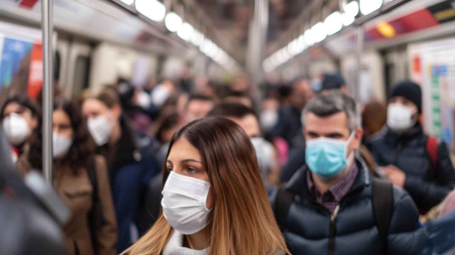 Personas en un vagón de subte, todas con mascarillas faciales, evidenciando las precauciones tomadas durante la pandemia de Covid-19. La imagen muestra cómo el transporte público se adapta a las nuevas normas de salud y prevención, enfatizando el compromiso colectivo en la lucha contra el virus y enfermedades respiratorias. (Imagen ilustrativa Infobae)