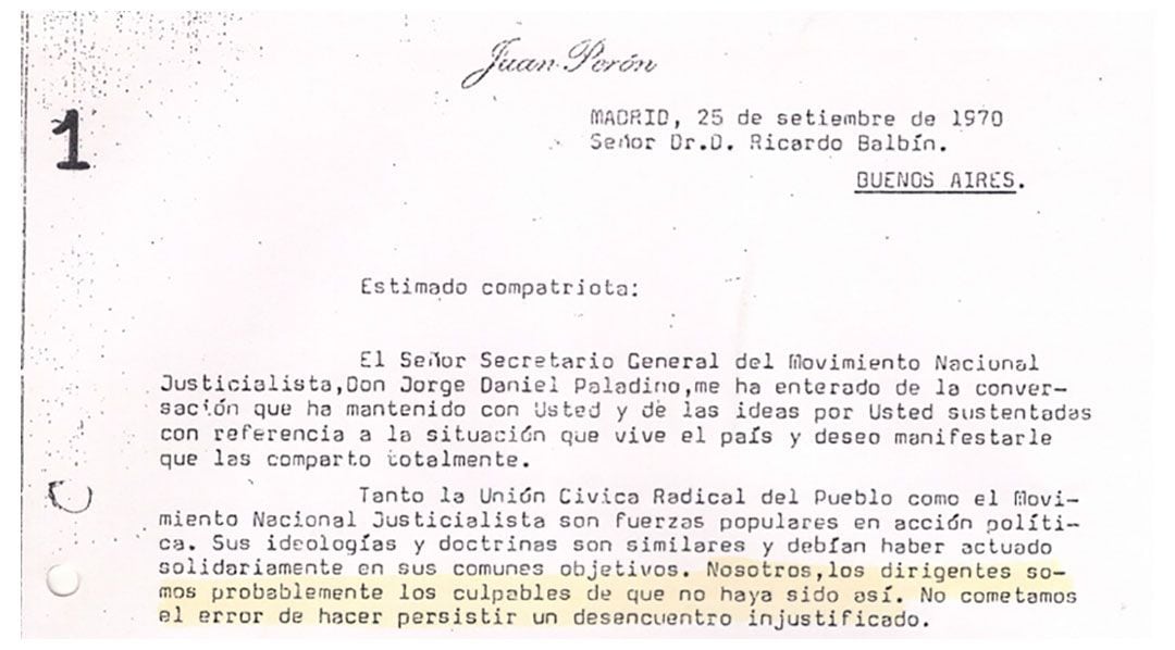 Introducción de la carta de Perón al radical Ricardo Balbín