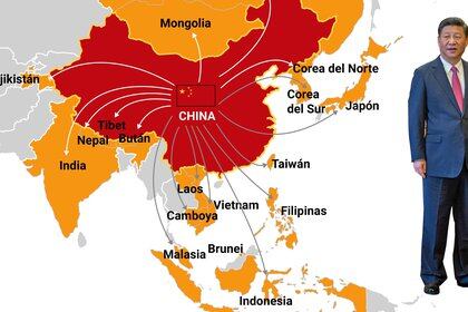 Infografía conflictos fronterizos de China con el resto de sus vecinos impulsados por Xi Jinping (Marcelo Regalado / Infobae)