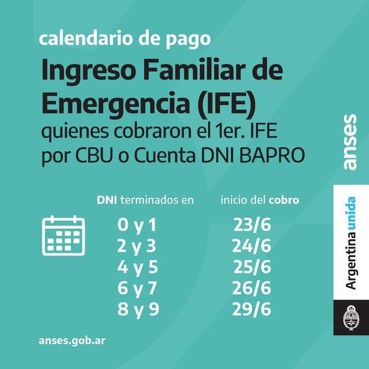 El calendario para el segundo pago del IFE difundido por la Anses.