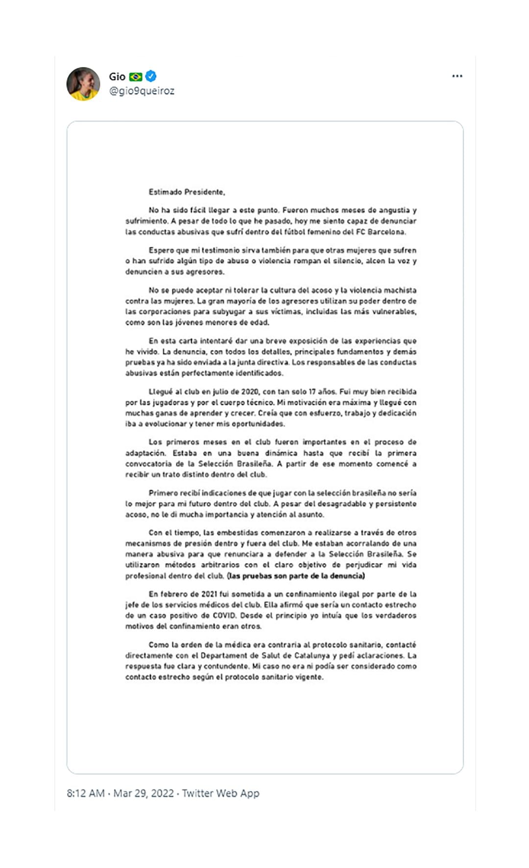 statement by footballer Gio Queiroz in an open letter to the president of Barcelona