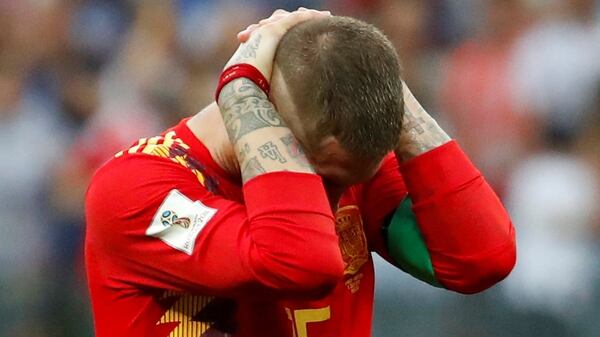 Soccer Football – World Cup – Round of 16 – Spain vs Russia – Luzhniki Stadium, Moscow, Russia – July 1, 2018 Spain’s Sergio Ramos looks dejected after losing the penalty shootout REUTERS/Christian Hartmann