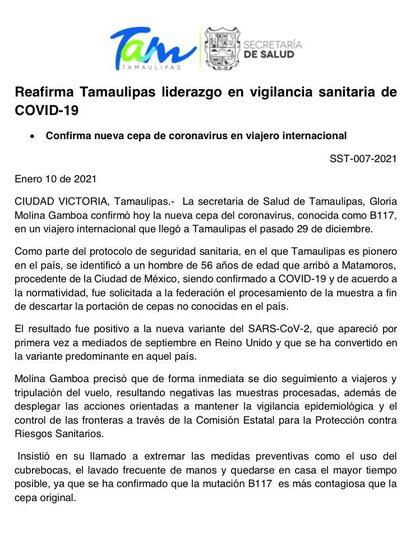 Nueva cepa de coronavirus llegó a Tamaulipas (Foto: Cortesía / Secretaría de Salud de Tamaulipas)