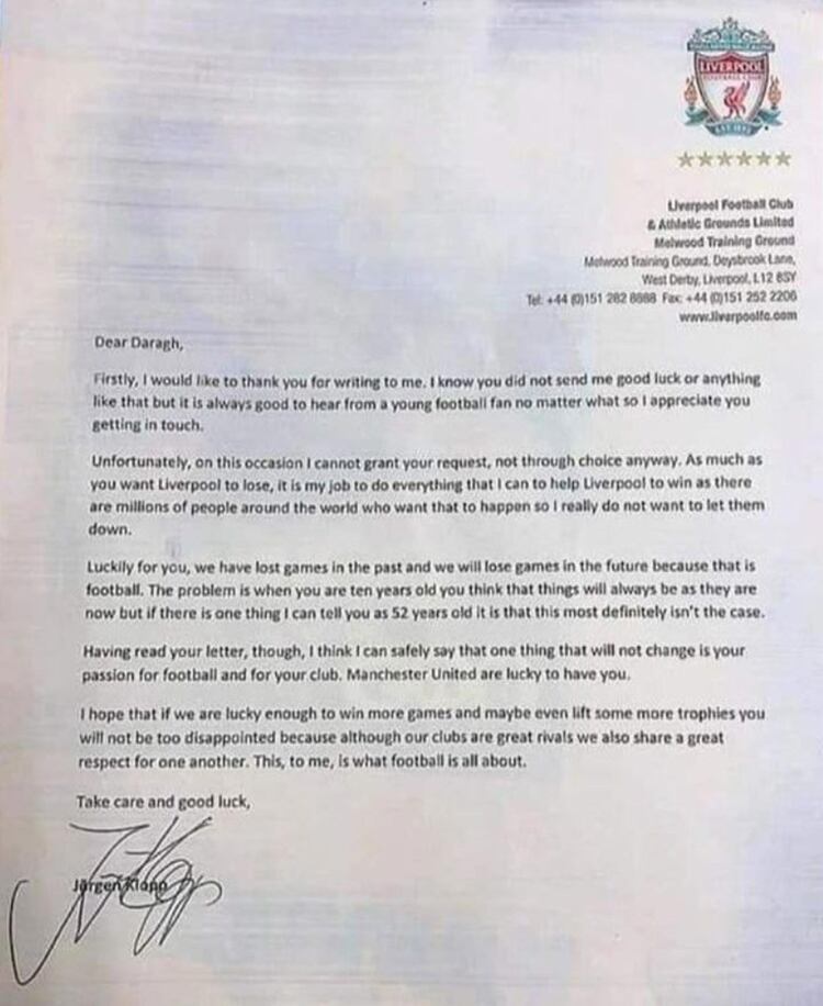 La respuesta de Jürgen Klopp a un niño fanático del Manchester United