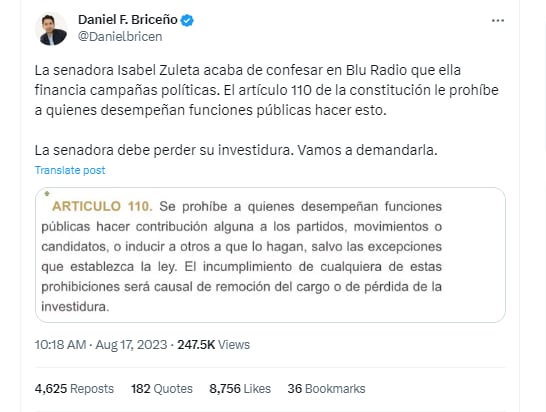 Daniel Briceño, candidato al Concejo de Bogotá por el Centro Democrático, acusó a la senadora Isabel Zuleta y pidió su pérdida de investidura. Foto: @Danielbricen/Twitter