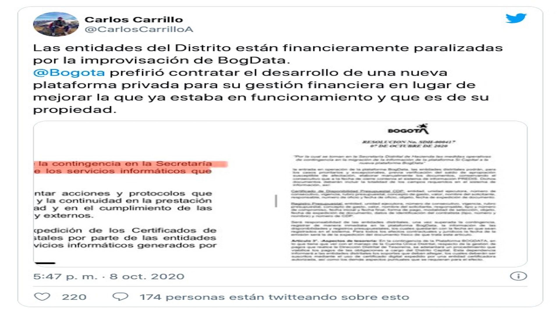Contratistas se quejan vía Twitter del fallo en BogData / (Twitter: @CarlosCarrilloA).