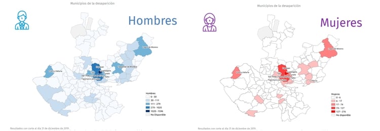 Mapas que muestran los municipios con mayor número de desaparecidos en Jalisco (Foto: sisovid.jalisco.gob)