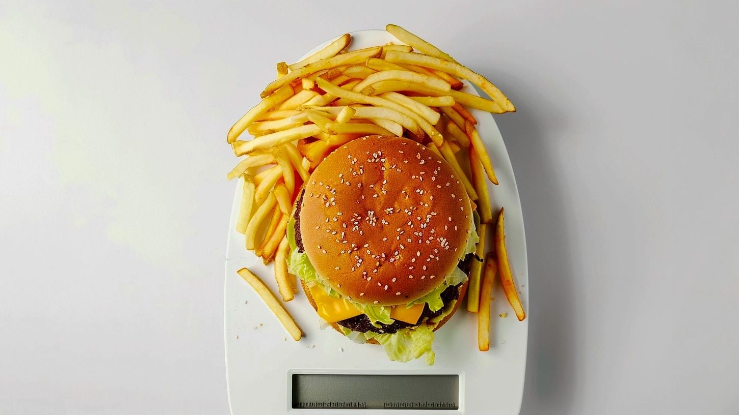 Una hamburguesa con papas fritas se encuentra sobre una balanza, un ejemplo de comida chatarra. La imagen muestra a un plato de comida rápida, lo que puede ser un indicador de un estilo de vida poco saludable. La obesidad es un problema de salud que requiere atención y cambios en la dieta y el estilo de vida. (Imagen ilustrativa Infobae)