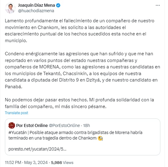 El Candidato a gobernador de Yucatán envió sus condolencias a través de su cuenta en X. Crédito: X/@@huachodiazmena