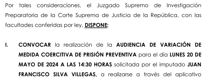 Juez Juan Carlos Checkley agendó audiencia para cambiar mandato de prisión preventiva por el de comparecencia con restricciones. Infobae Perú.