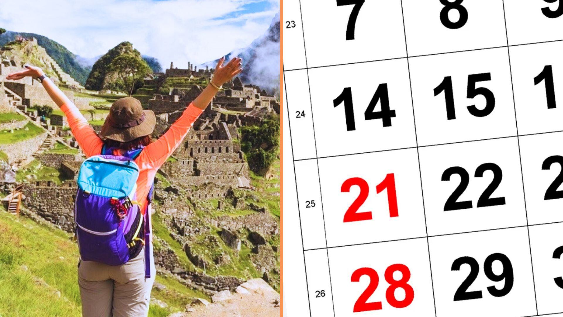 Persona libre con los brazoz arriba en Machu Picchu y calendario de junio con el 21 rojo