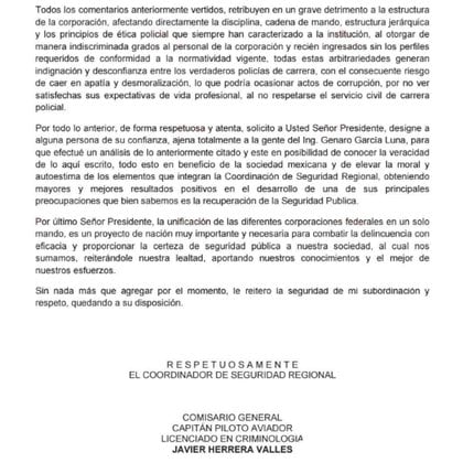Fragmento de la primera carta que envió Javier Herrera Valles al entonces presidente Felipe Calderón, en febrero de 2008 (Captura de pantalla)