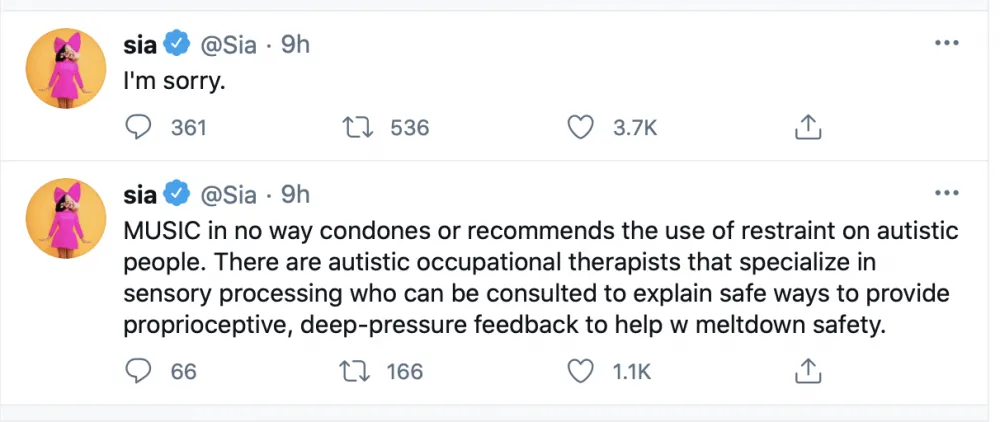 Sia se disculpó en sus redes sociales por no haber hecho una "buena investigación" del espectro autista
Foto: Twitter/@Sia