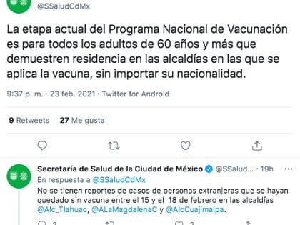 Sedesa informó que no se tienen reportes de casos de personas extranjeras que se hayan quedado sin vacuna entre el 15 y el 18 de febrero en las alcaldías seleccionadas (Foto: captura de pantalla@SSaludCdMx)