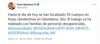 La directora Quintana reportó el hallazgo de 59 cuerpos en Guanajuato (Foto: Twitter / @kiquinta)