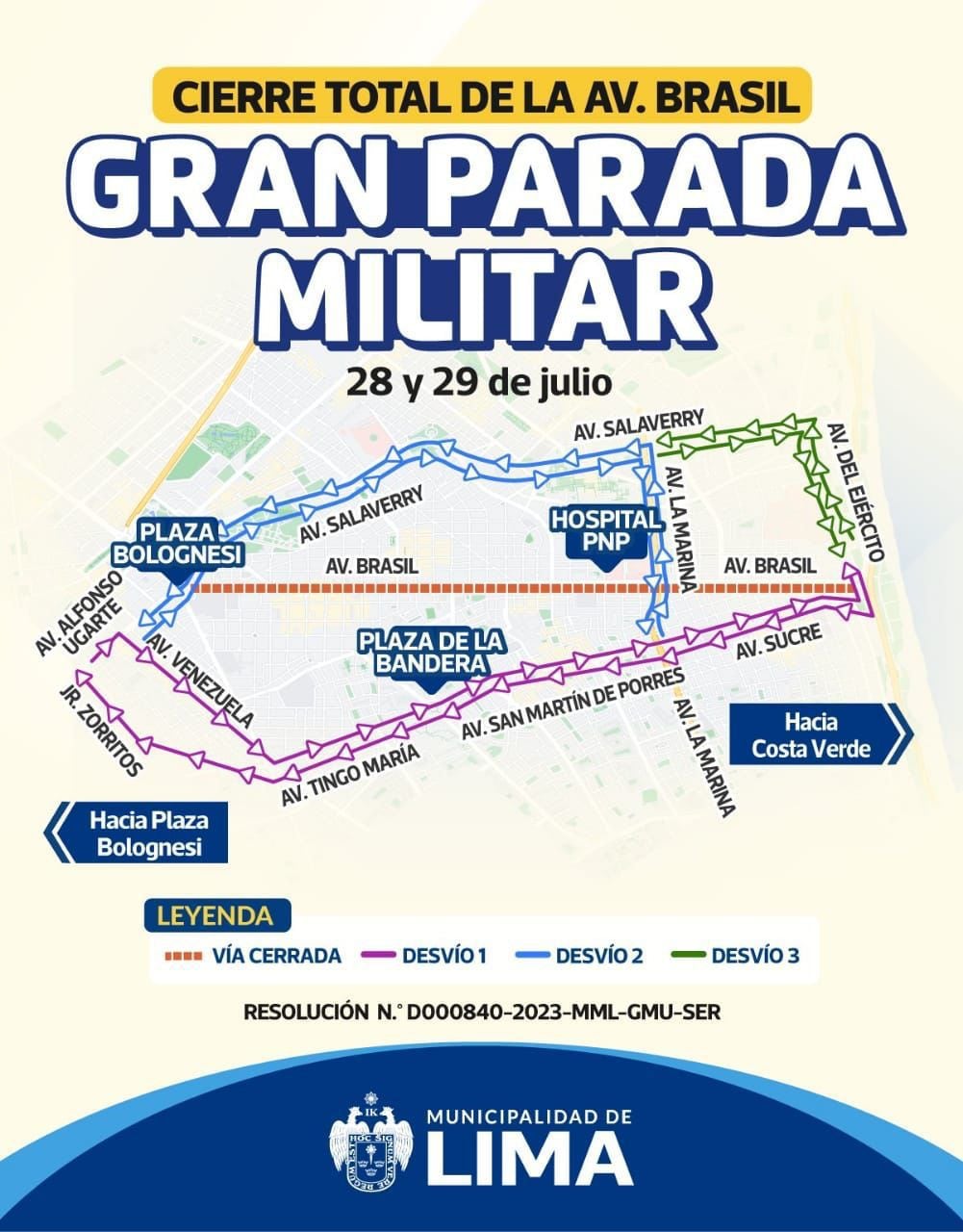 Rutas y desvíos del transporte por el cierre de la av. Brasil por el Desfile Militar