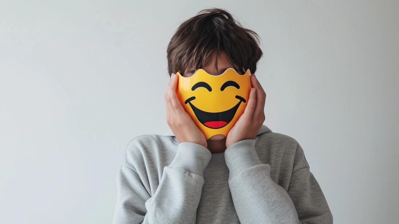 Infante escondiendo su rostro detrás de una máscara de emoji sonriente, representando la ocultación de sus emociones reales. La imagen destaca la importancia de prestar atención a la salud mental infantil y los desafíos que enfrentan niños y adolescentes en su desarrollo emocional y psicológico. (Imagen ilustrativa Infobae)