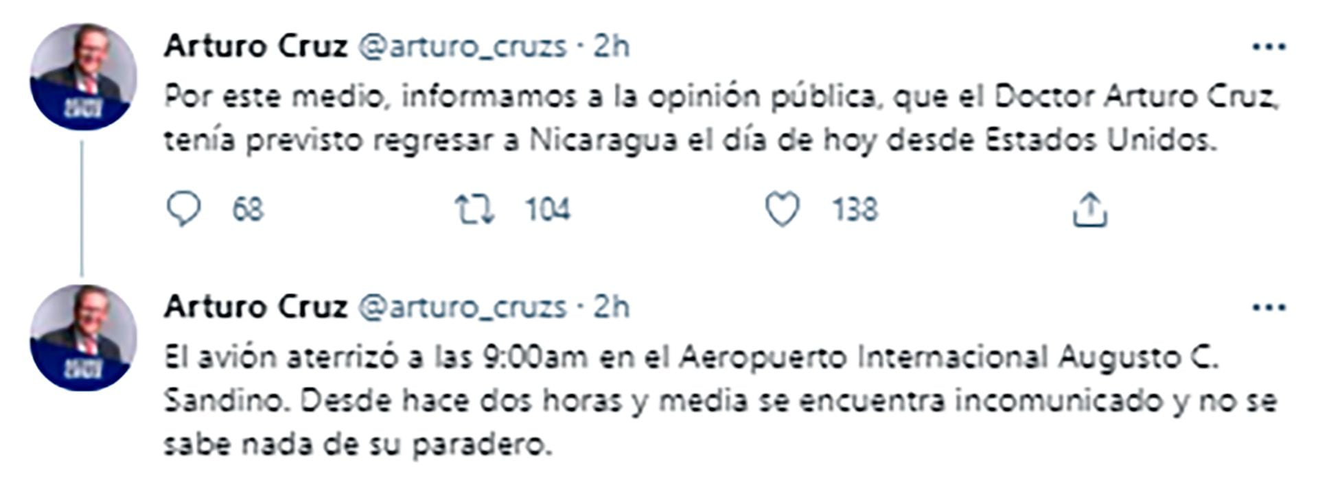 Los tuits del equipo de Arturo Cruz, ante su desaparición en el aeropuerto