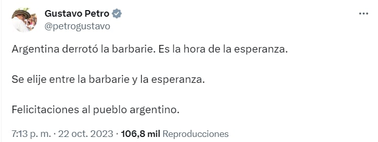 Este fue el pronunciamiento del presidente Gustavo Petro tras la primera vuelta de las elecciones en Argentina - crédito @petrogustavo/X