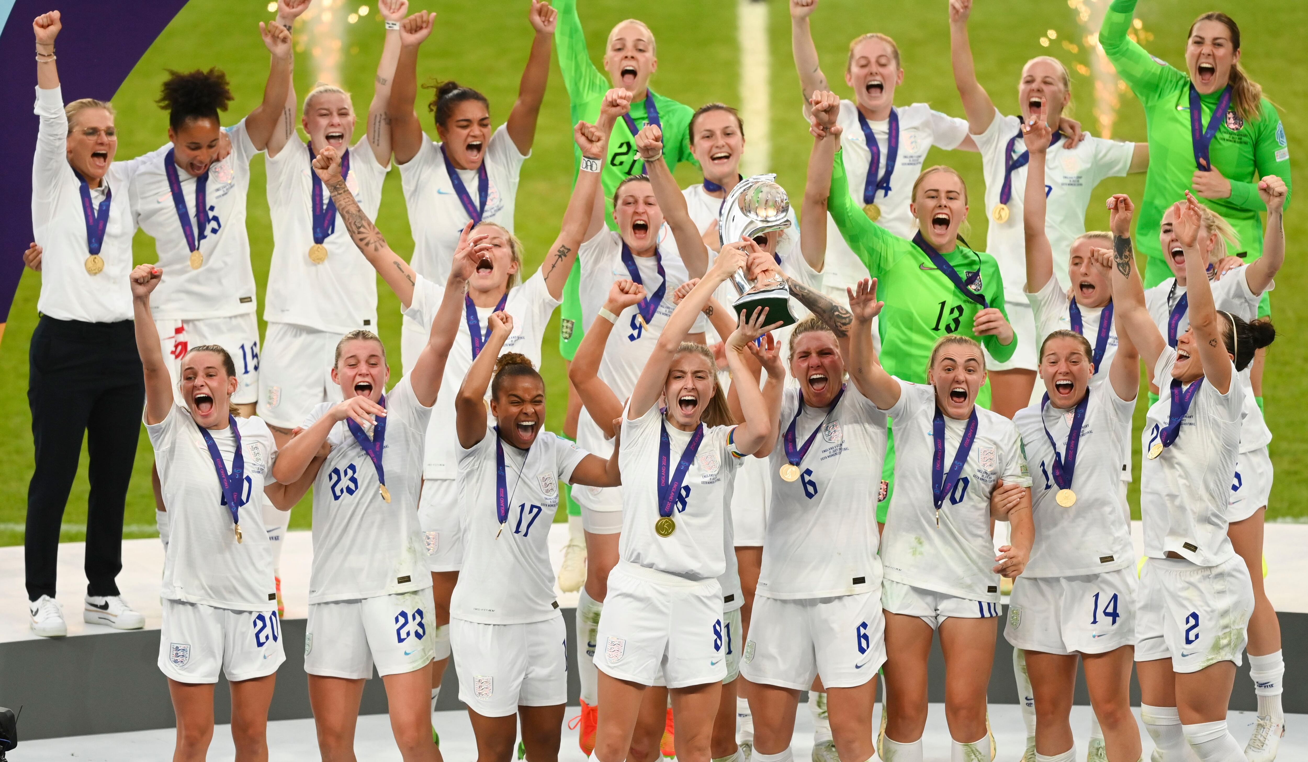 England captain Leah Williamson lifts the trophy with team mates after winning the UEFA Women's Euro 2022.