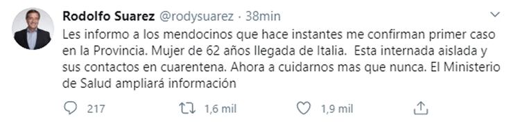 El tuit del gobernador de Mendoza sobre el primer caso en la provincia