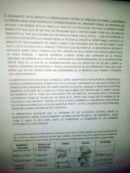 Parte del documento de las familias en defensa de los detenidos