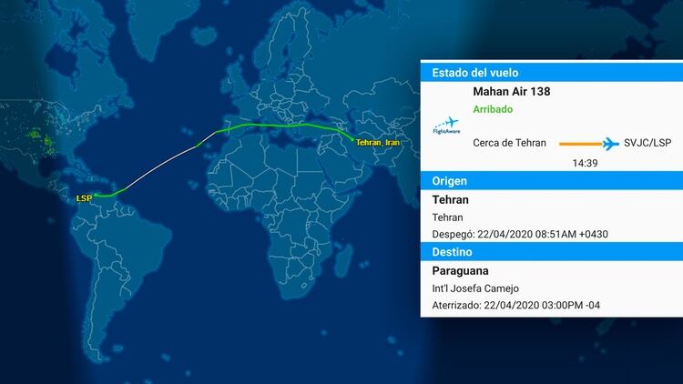 El recorrido del avión que viajó desde Irán hasta Venezuela este miércoles